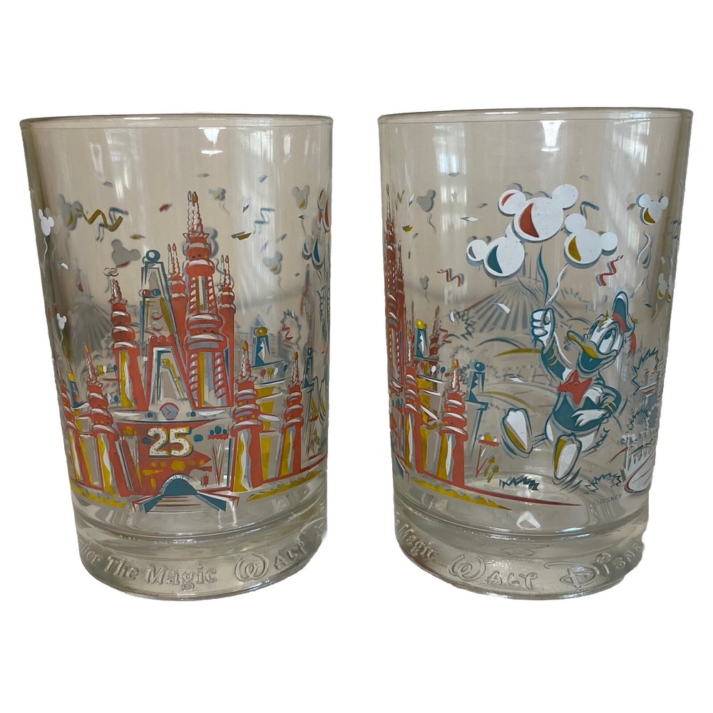 Vintage Disney Pair Glasses Cups 25th Anniversary Donald Duck Castle